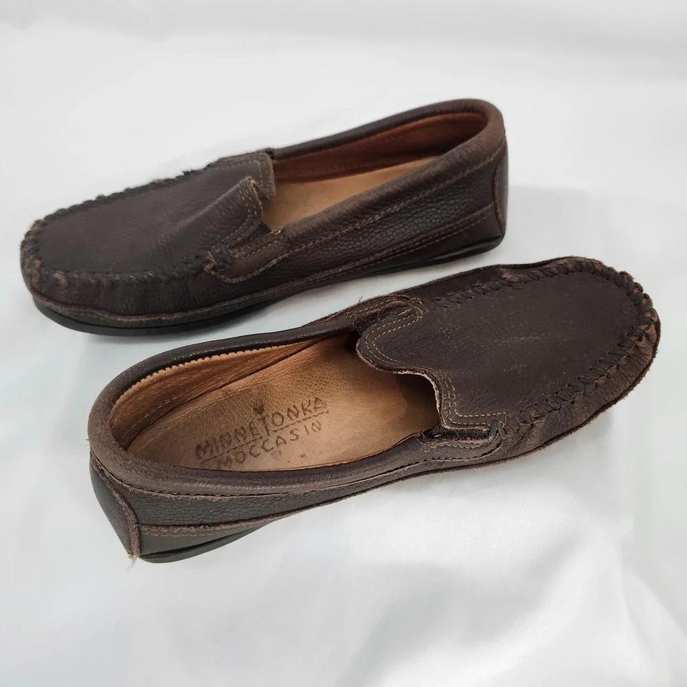 Minnetonka Moccasins Brown Leather Slip On‎ Driving Shoes Mens 8 Twin Gore 932